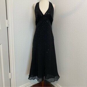 Anne Klein Sequin Bead Silk V Neck Halter Backless LBD Sexy Glam Dress SZ 16